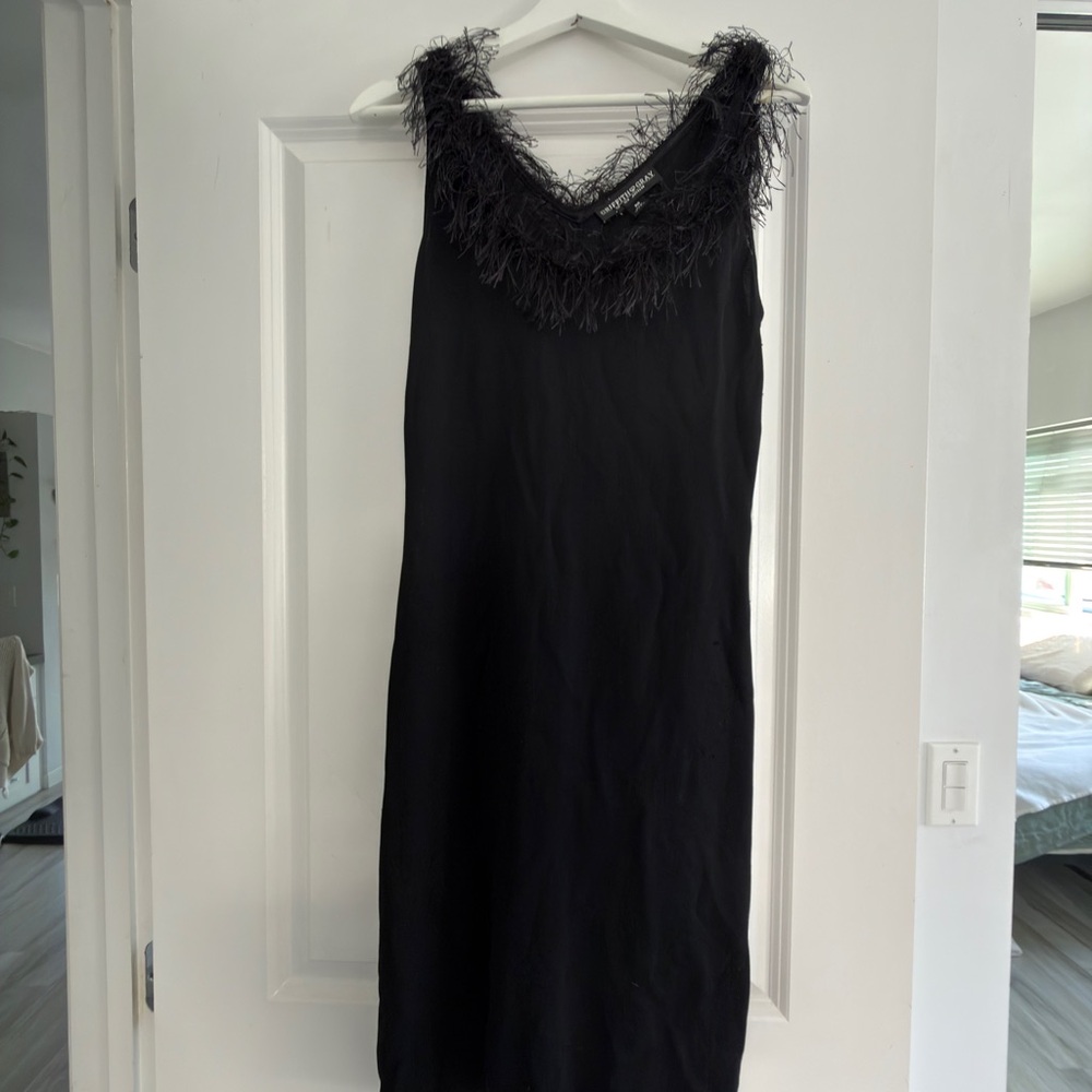 St. John Black Feather-Trimmed Slip Dress